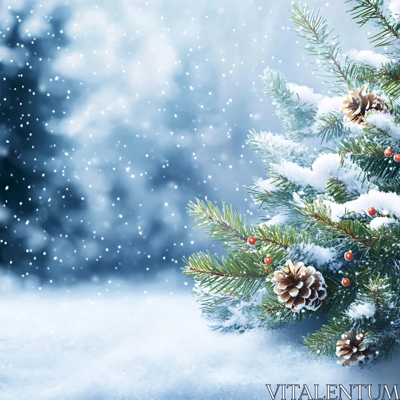 Snowy Christmas Tree with Pine Cones and Berries AI Image