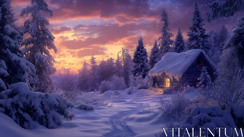 Cozy Winter Cabin at Sunset AI Image