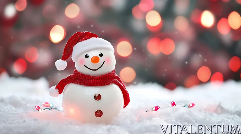 Festive Snowman with Santa Hat and Holiday Lights AI Image