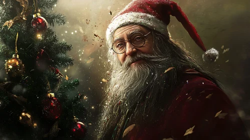 Santa Claus with Glasses by Festive Christmas Tree