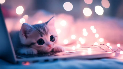 Charming Kitten on Keyboard with Warm Lights