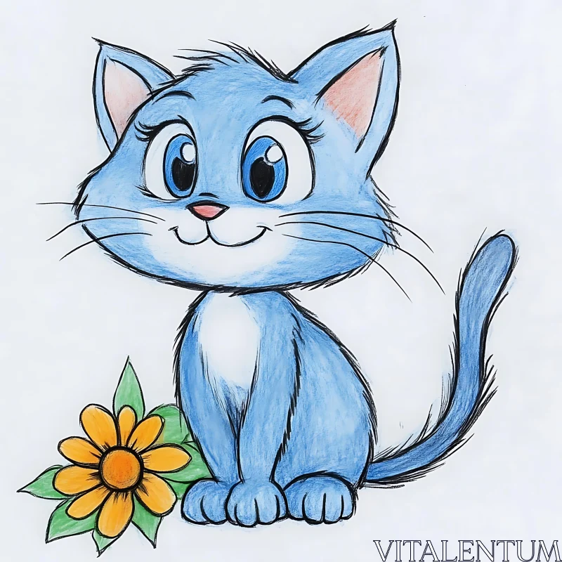 Cute Cartoon Cat Sitting Beside Flower Drawing AI Image