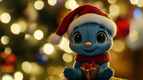 Festive Blue Toy Holding Gift with Christmas Lights