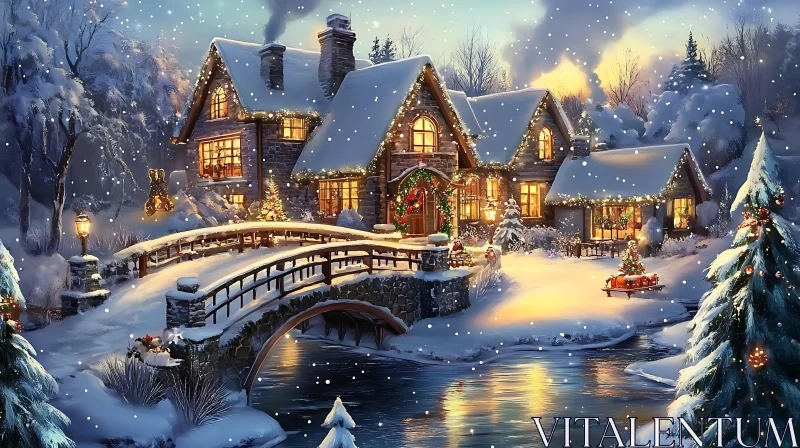 Festive Snow-Covered Cottage with Christmas Lights AI Image