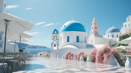 3D Greek-Inspired Outdoor Scenery with Coastal Landscape and Cherry Blossoms