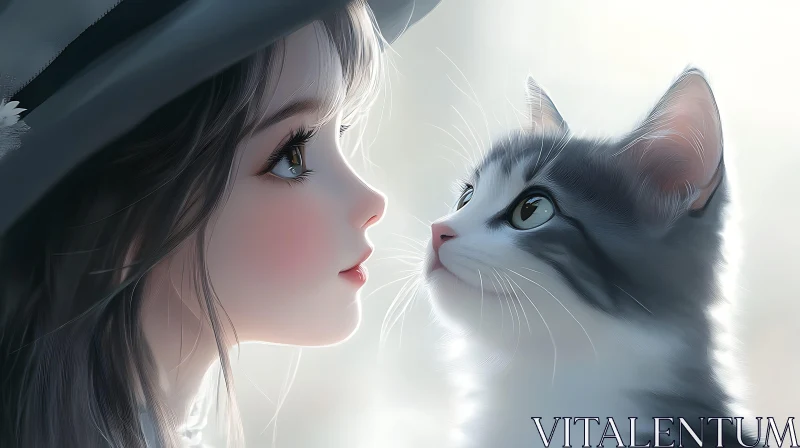 Dreamy Gaze of Girl and Cat in Soft Light AI Image