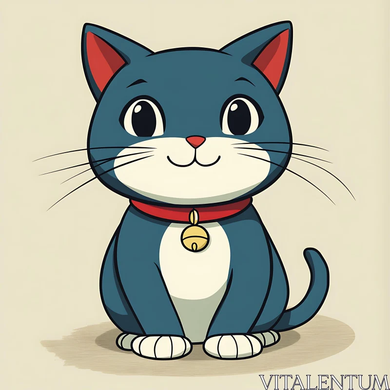 Adorable Blue Cartoon Cat with Bell Collar AI Image