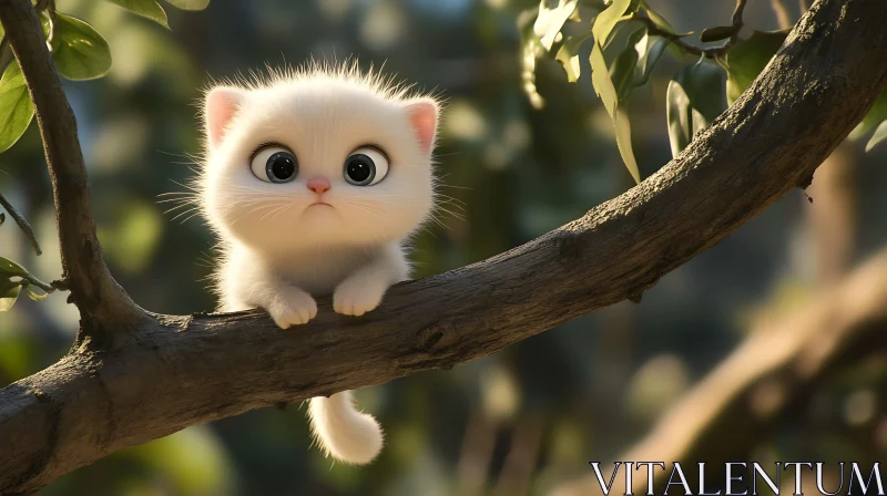 Cute Kitten with Big Eyes on Tree AI Image