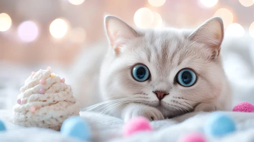 White Cat with Blue Eyes and Bokeh Background