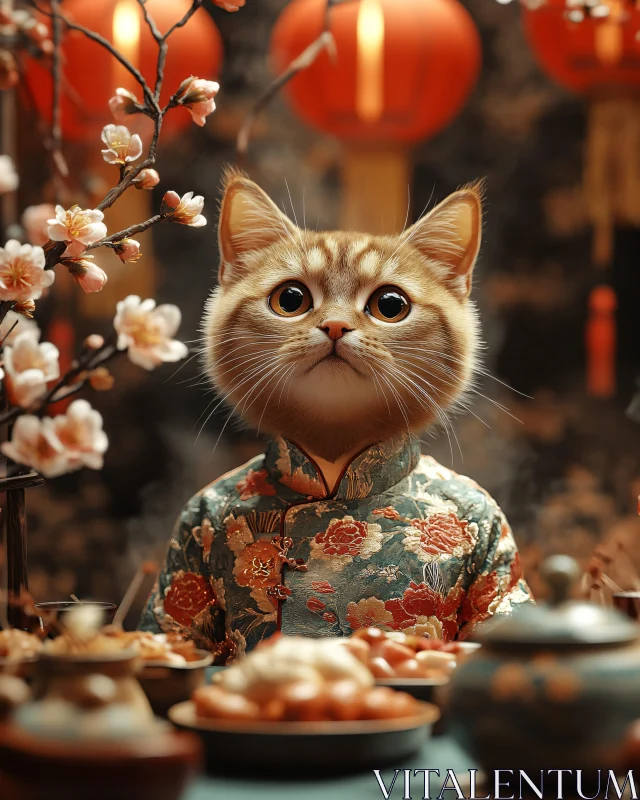 AI ART Cute Cat in Traditional Clothing with Festive Decorations