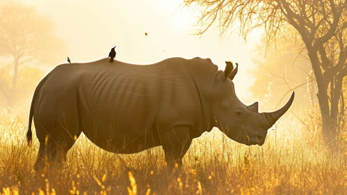 African Savannah Sunrise: Majestic Rhinoceros in Golden Grass Field