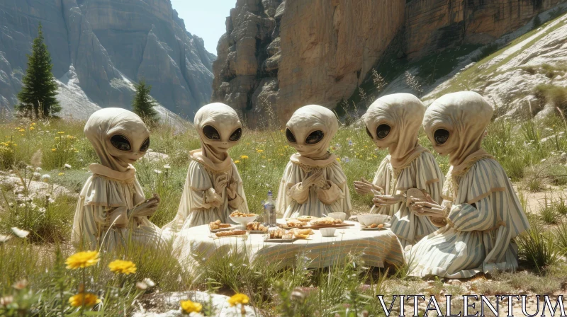 Aliens Picnic in Mountainous Area AI Image