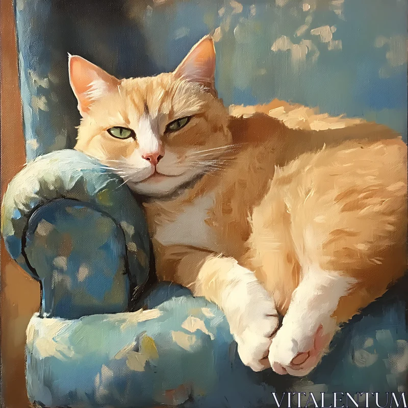 Ginger Cat Lounging on a Blue Chair AI Image