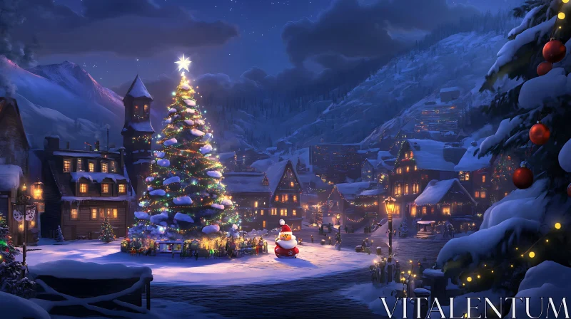 Magical Holiday Scene in Snowy Village with Decorated Tree AI Image