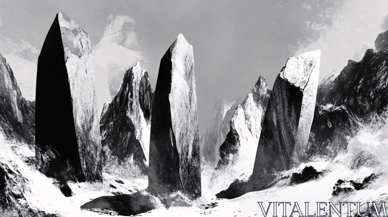 AI ART Snowy Mountain Monoliths - B&W