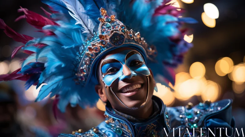 Carnival Celebration in Portugal: Dancer in Blue Feather Costume AI Image