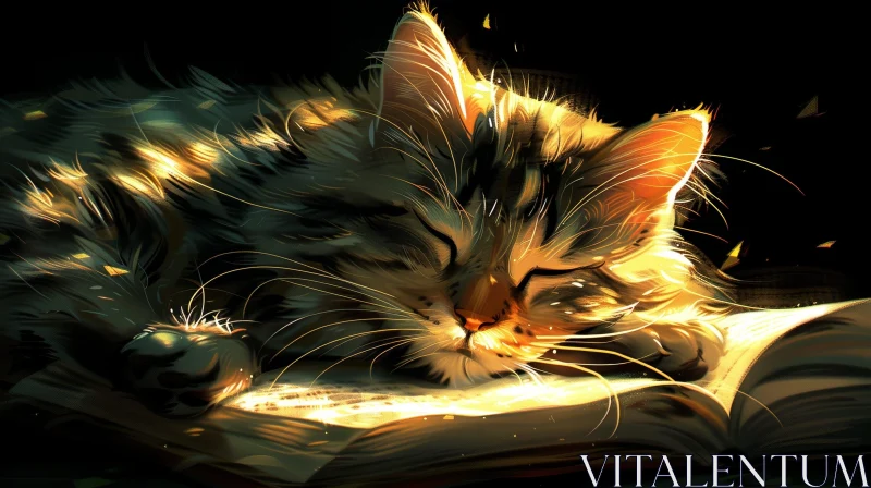 AI ART Cat Sleeping on Book - Cozy Digital Painting