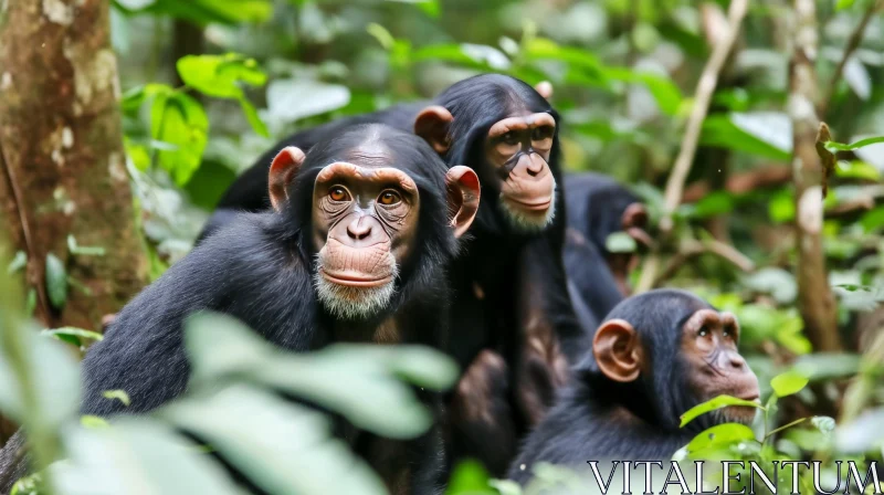 Close-Up of Three Chimpanzees in the Jungle | Expressions of Curiosity and Playfulness AI Image