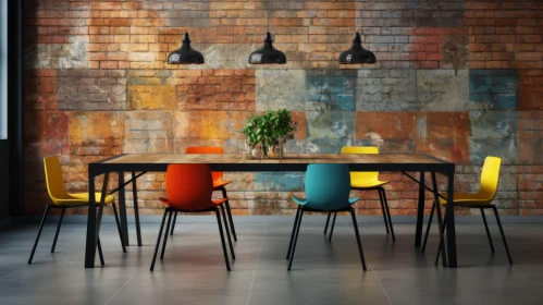 Colorful Chairs in Industrial Chic Interior with Brick Wall