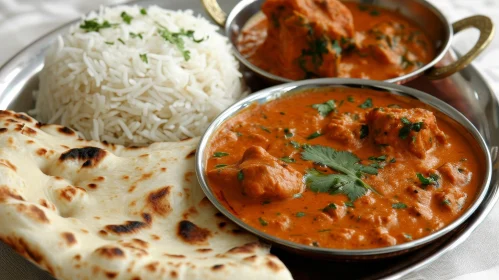 Delicious Indian Food: Chicken and Vegetable Curry with Rice and Naan Bread