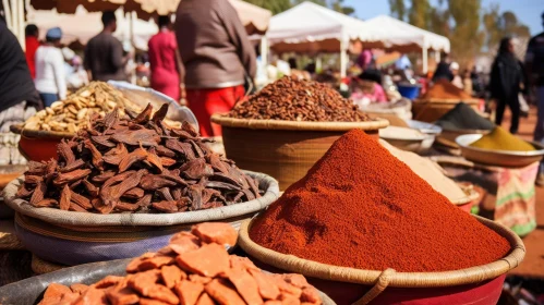 Dried Spices Market: Photorealistic Composition in Crimson and Brown