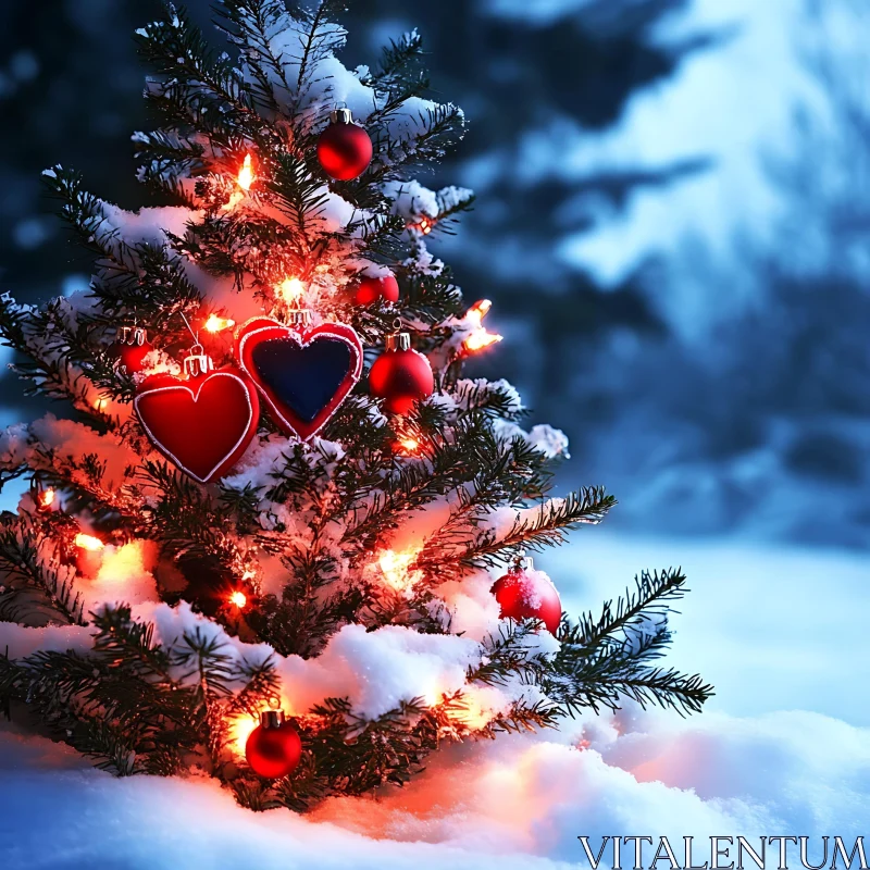 Snow-Covered Christmas Tree With Heart Ornaments AI Image