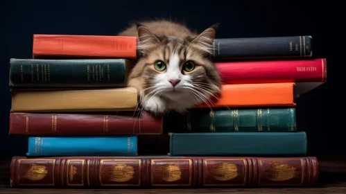 Fluffy Cat on Books - Enchanting Image