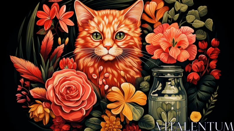 Ginger Cat in Flower Garden - Digital Painting AI Image