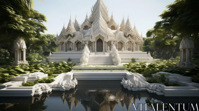 Intricate White Temple in Forest: A Serene Fusion of Thai Art and Nature AI Image