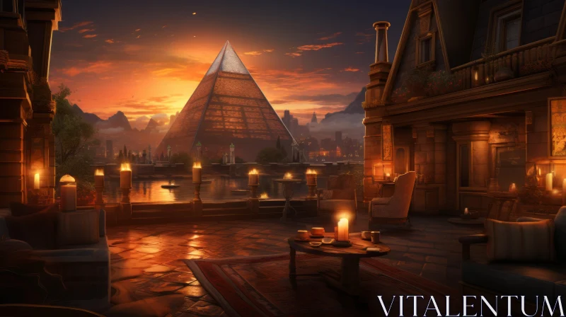 Romantic Fantasy Art: Pyramid and Buildings at Sunset AI Image
