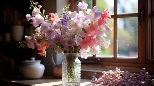 Rustic Charm: Vase of Flowers on an English Countryside Windowsill