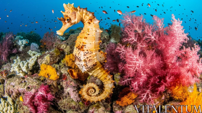 Seahorse Swimming in Vibrant Coral Reef - A Serene Underwater Scene AI Image
