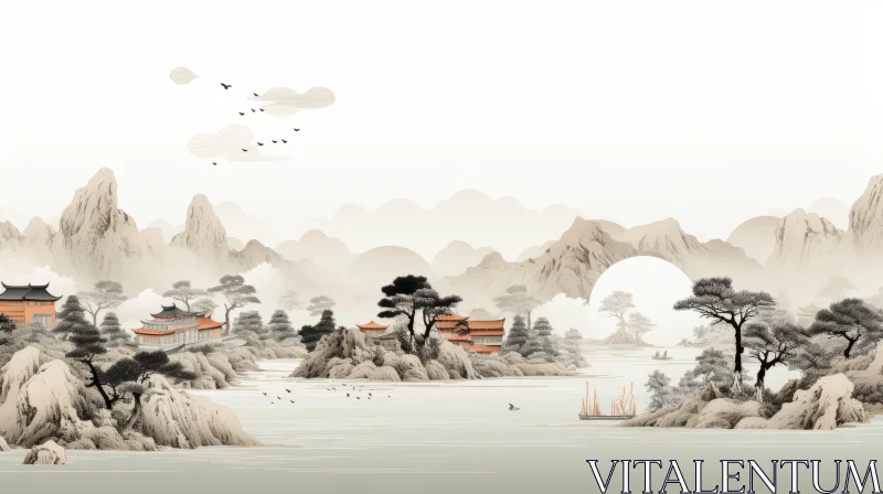 Serene Oriental Landscape Illustration with Calm Waters AI Image