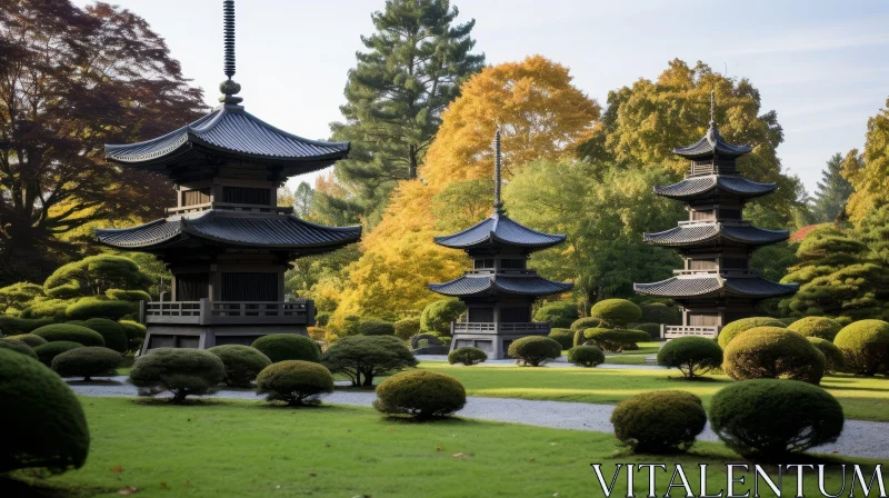 Tranquil Japanese Garden with Pagoda and Fall Colors AI Image