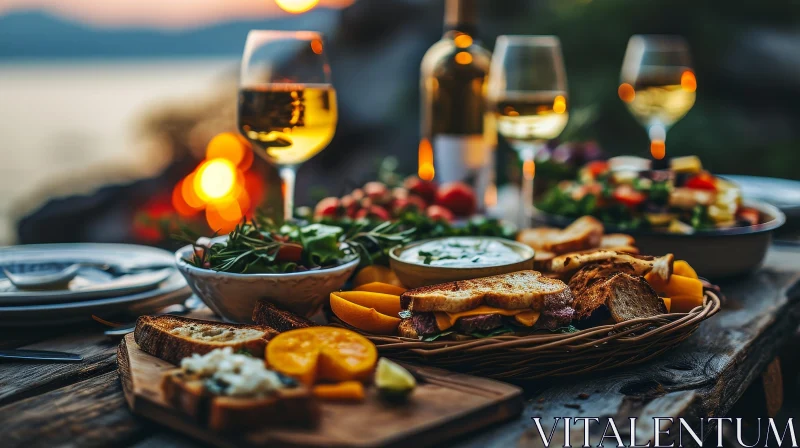 Wooden Table with Food and Drinks Set Against a Sunset over a Lake AI Image