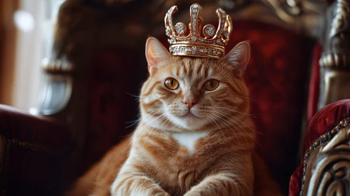 Regal Ginger Cat with Crown on Throne