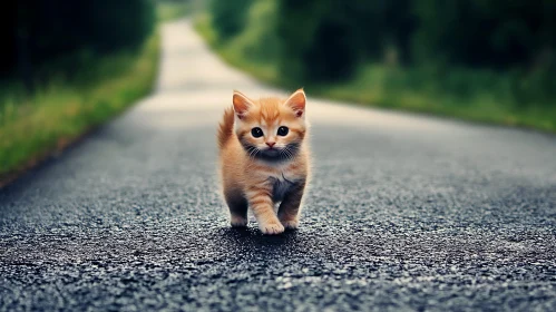 Cute Orange Kitten Strolling on a Country Road
