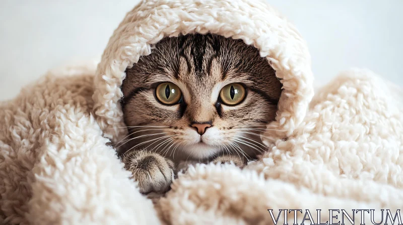 Cozy Cat with Green Eyes in Soft Blanket