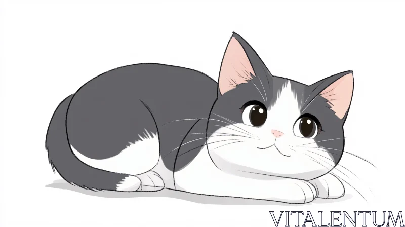 Cute Cartoon Gray-and-White Kitten