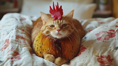 Whimsical Ginger Cat Dressed as Chicken on Floral Bed