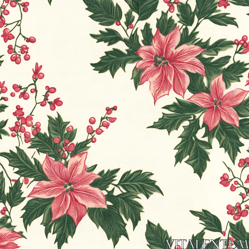Vibrant Red and Green Floral Design on Cream Background