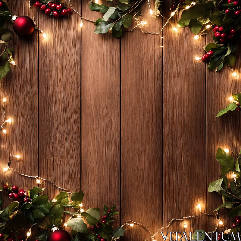 Christmas Ornaments and Holly on Wooden Background