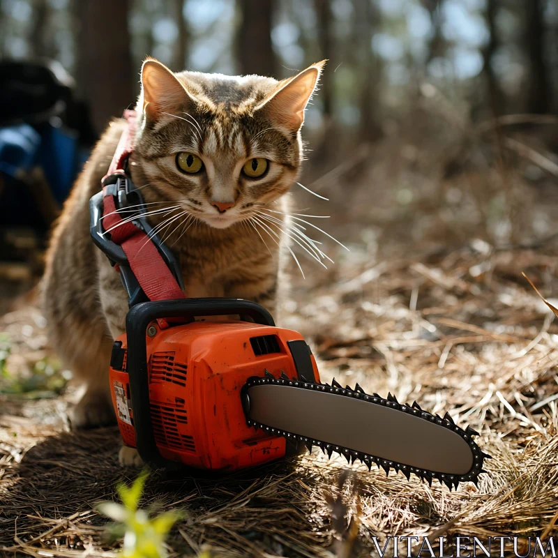 Cat and Chainsaw: A Humorous Forest Encounter