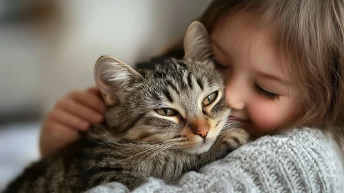 Child Embracing a Tabby Cat