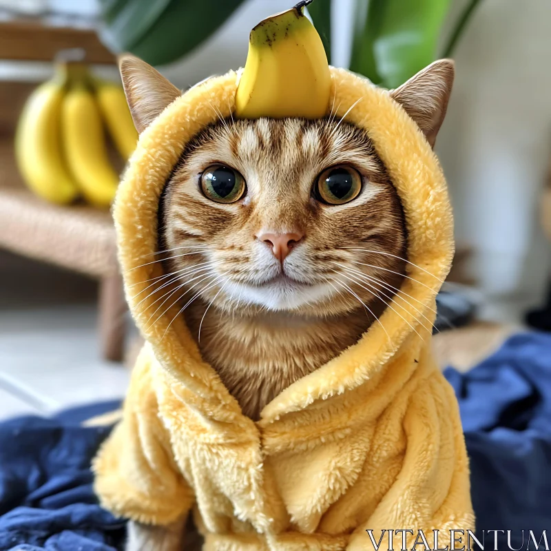 Orange Tabby Cat Wearing a Yellow Banana Hoodie