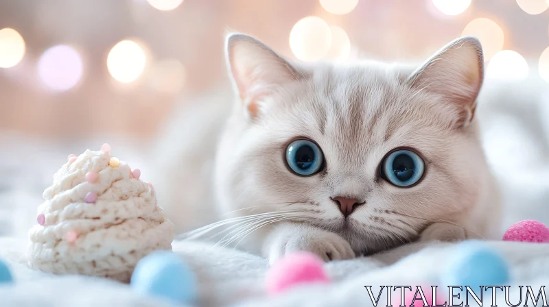 White Cat with Blue Eyes and Bokeh Background