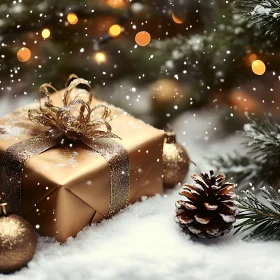 Festive Golden Gift Box Amidst Snow and Ornaments