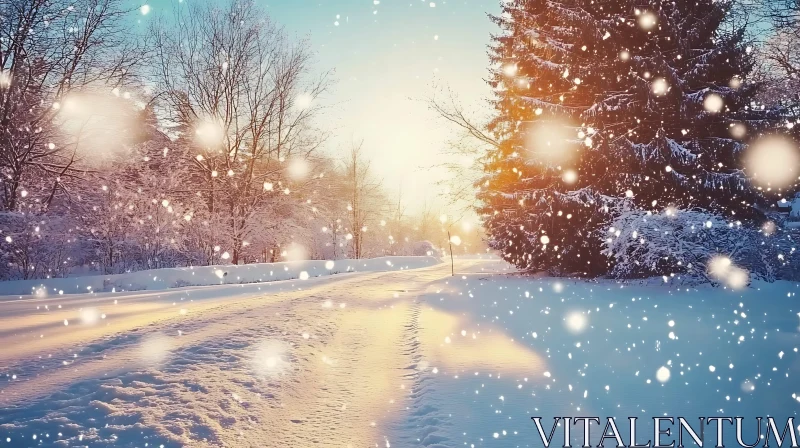 Tranquil Winter Landscape with Falling Snow