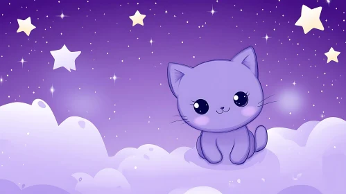 Whimsical Purple Cat Artwork with Stars and Clouds