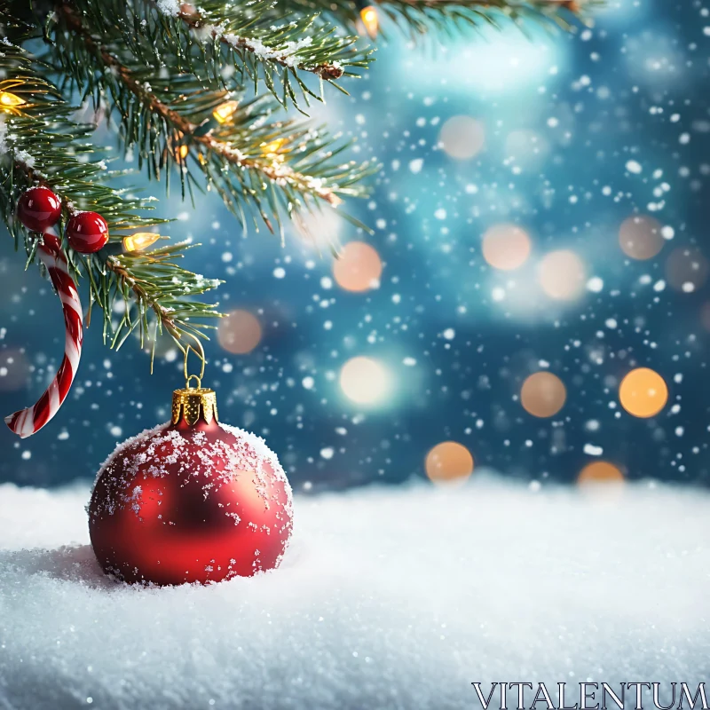 Red Christmas Ornament on Snowy Tree Branch